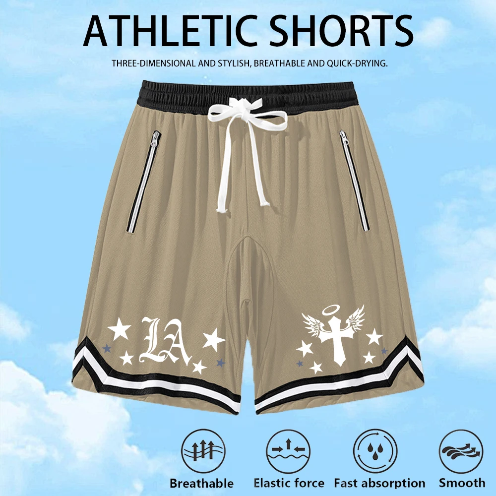 Men's Cross Print Training Shorts 2026 Summer New Style Breathable Drawstring Knee Length Fitness Shorts With Zipper Pockets