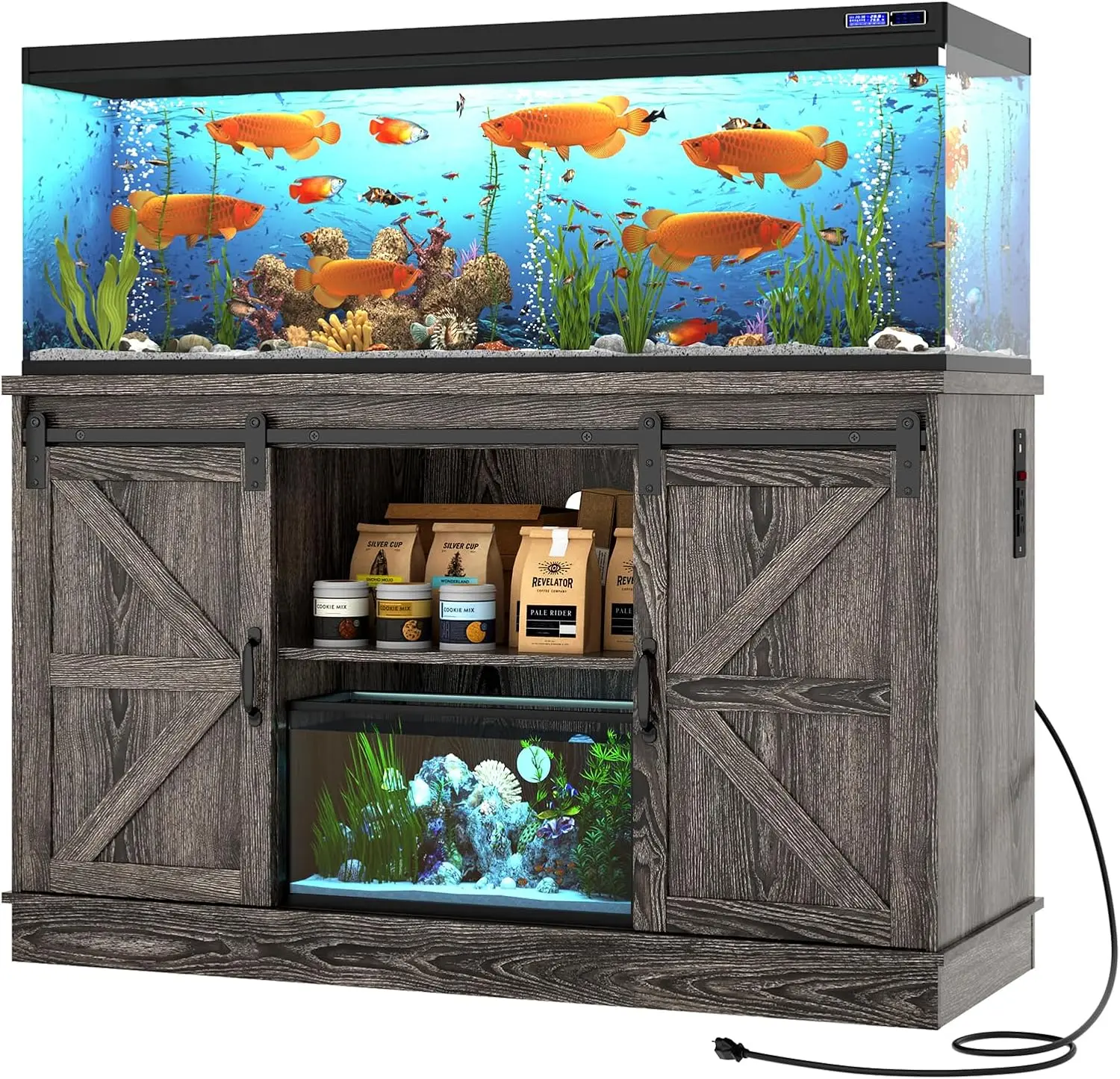 Farmhouse 55-75 Gallon Fish Tank Stand with Power Outlet, Aquarium Stand w/Cabinet&Sliding Barn Door, Heavy Duty Reptile Tank