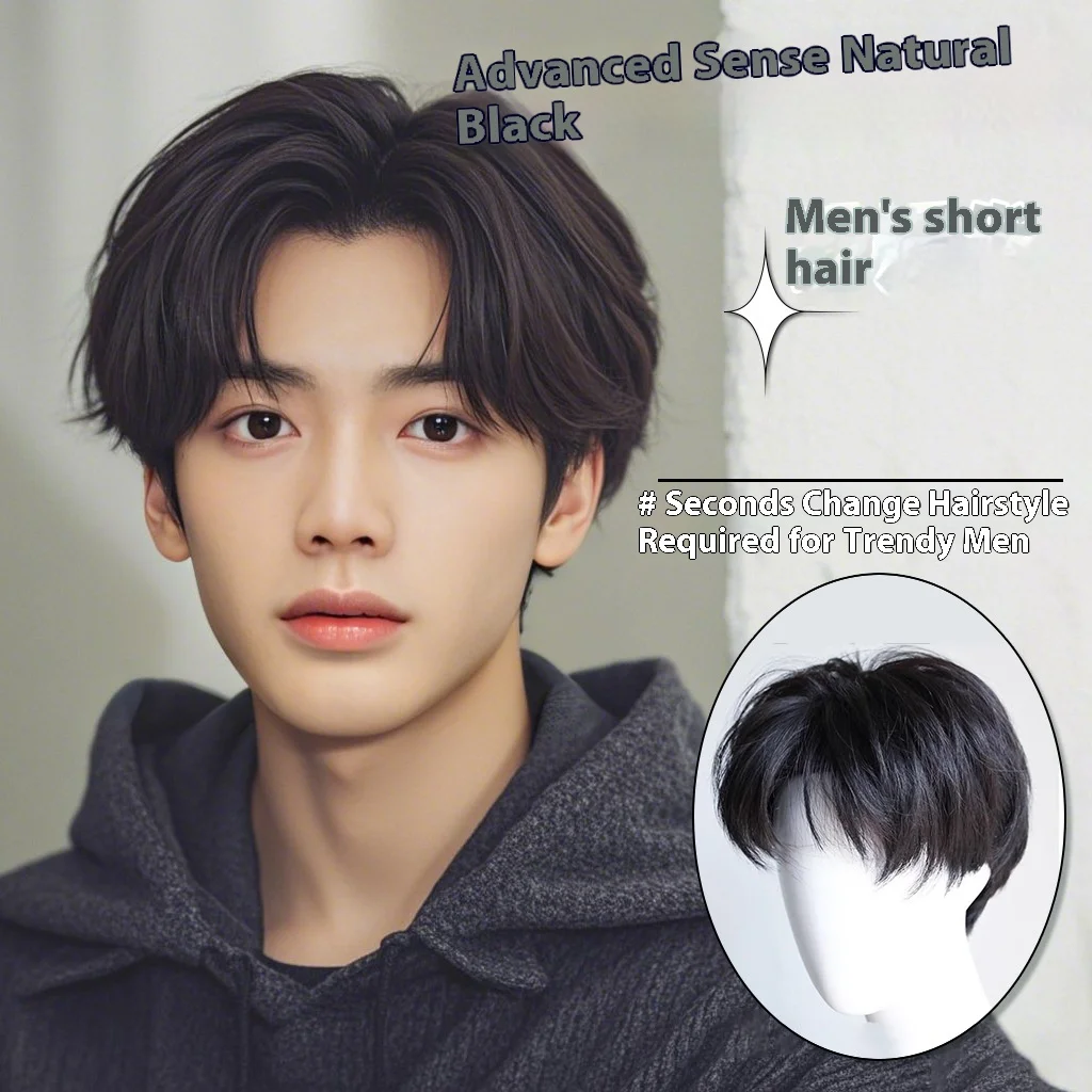 Hipster Synthetic Wig For Men Young Men Feel Short Straight Hair Daily Split Bangs Fluffy Natural Realistic Full Head Cover