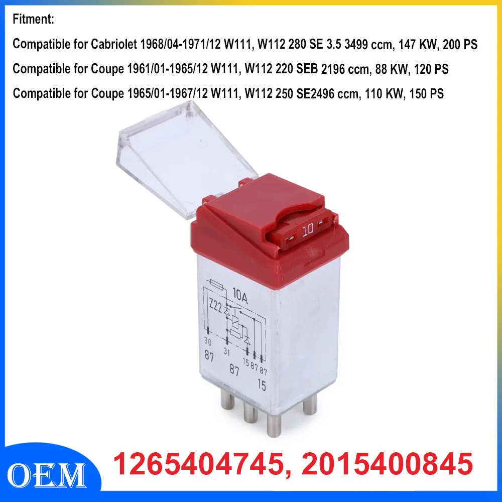 

Реле защиты от перенапряжения заменяет 1265404745 2015400845, совместимо с Cabriolet W111 W112 280 SE 3,5 1968-1971 гг.