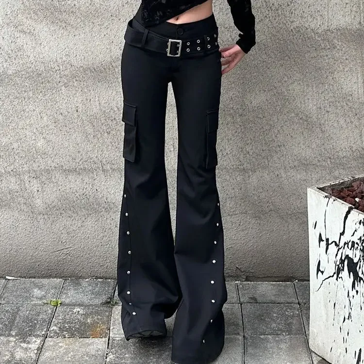 Retro Harajuku Cargo Punk Style Black Rivet Pants with Belt Women Y2k Streetwear Aesthetic Grunge Goth Low Waist Flared Trousers