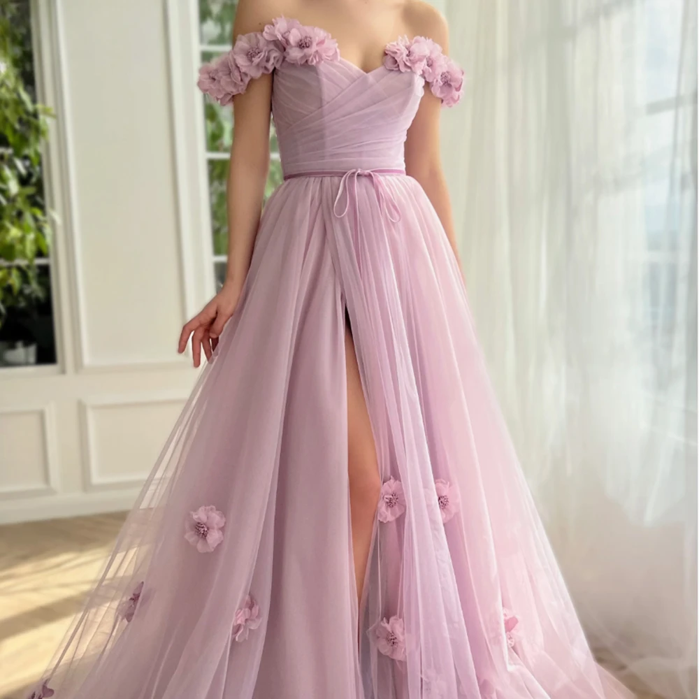 

2024 Gorgeous Patch Sparkling Purple Flower Off Shoulder 2024 A-line Skirt A Sexy High Split Simple sheer Ball Evening Dress