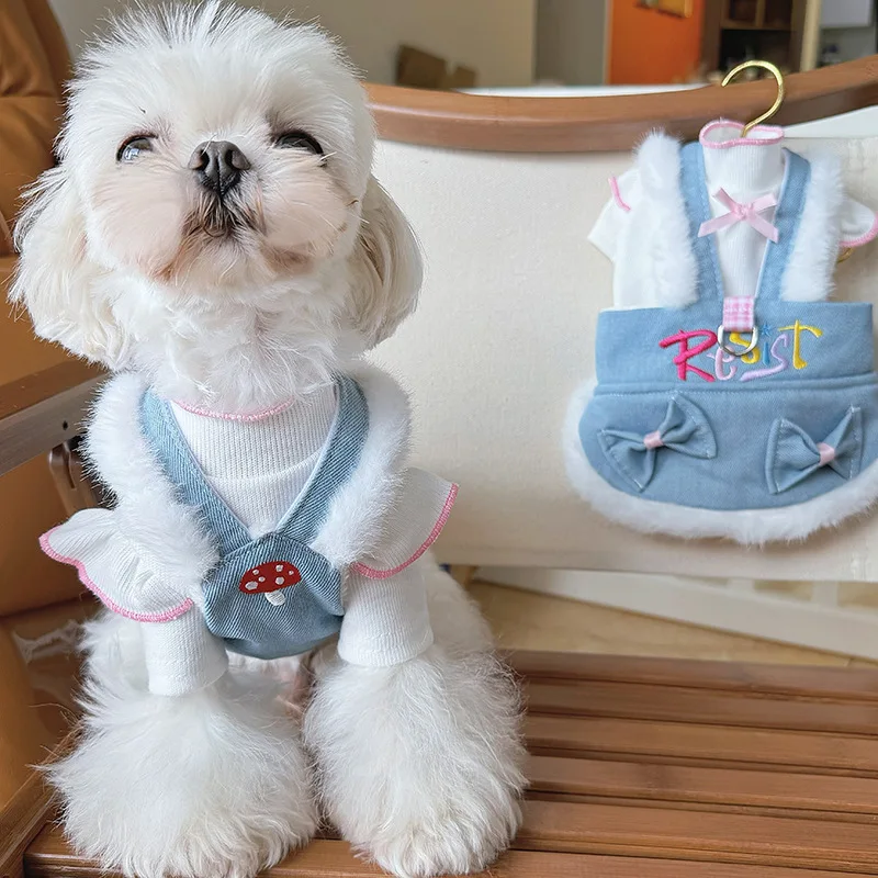 Autumn Winter Lace Bottom Shirt Dog Plush Shoulder Strap Skirt Pet Can Tow Clothes Go Out Skirt Embroidered Bow Denim Skirt