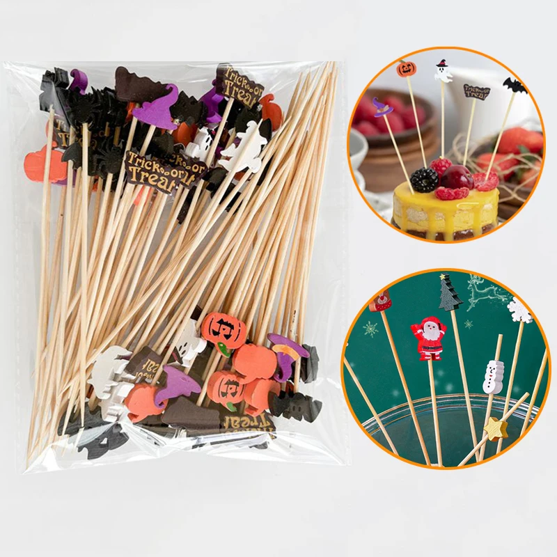 100pc Halloween Bambus stock Obst Zahnstocher für Kuchen Lebensmittel Pick Zahnstocher Kinder Geist Fledermaus Halloween Party Weihnachten Party Versorgung