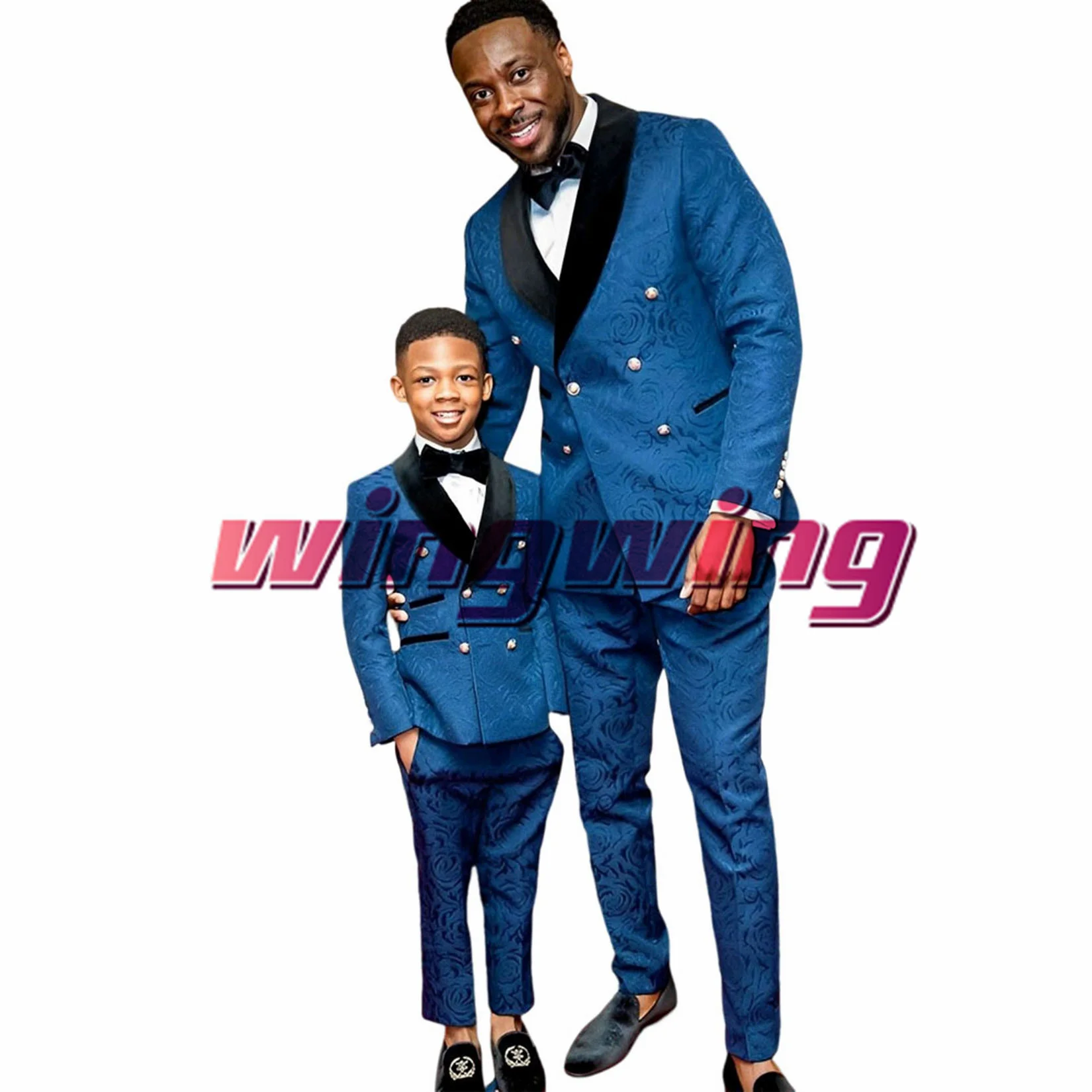 

Royal Blue Boys Suit Double Breasted Jacket Pants Set of 2 Wedding Fashion Tuxedo for Kids Formal Floral Pattern Clothes