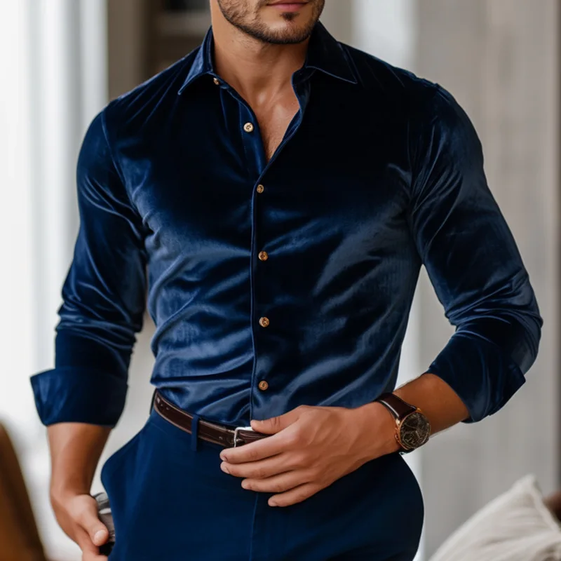 

Solid Casual Mens Long Sleeve Velvet Shirts 2026 Spring Autumn Fashion Lapel Collar Button Down Top for Daily Wear Man Clothing
