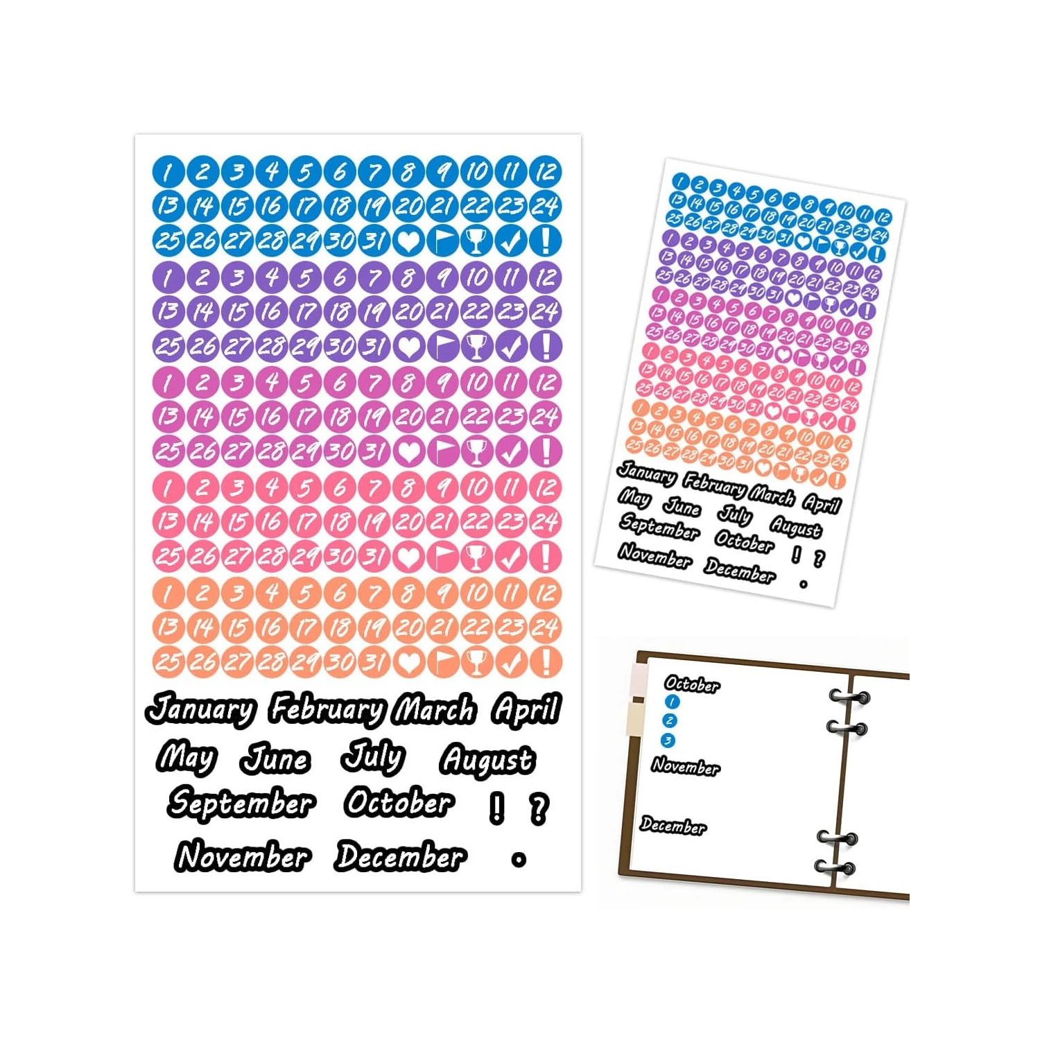 Day Stickers Monthly Daily Labels Planner Number Labels Date Dots Colorful Calendar Stickers for Hand Account Planning & Journal