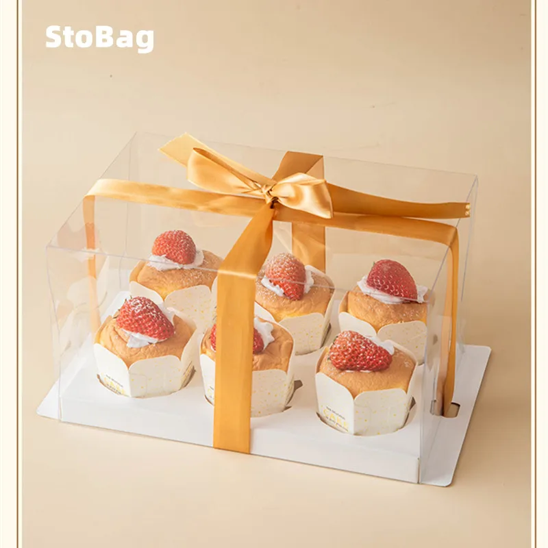 StoBag 5pcs Transparent Cupcake Boxes Egg Yolk Crisp Cake Pudding Baking Packaging For Bakery Wedding Birthday Festival Favors