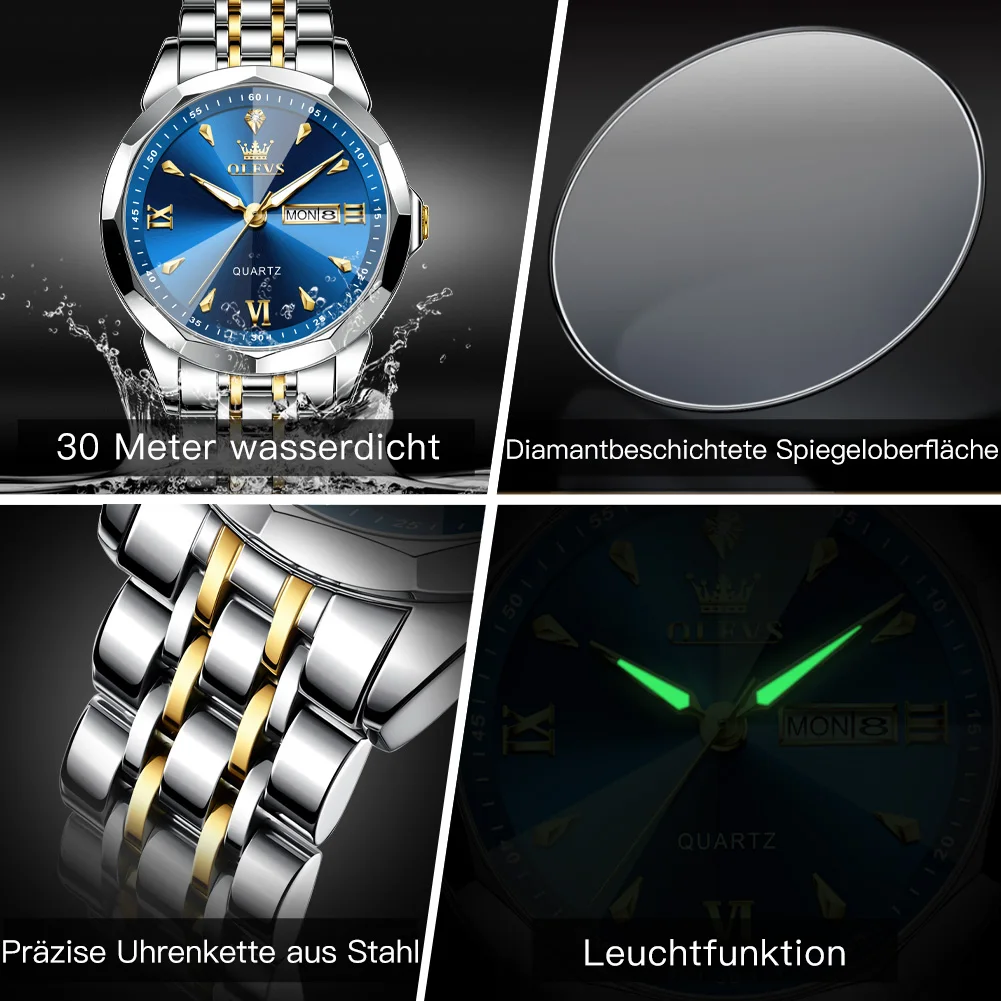 OLEVS Fashion Prism Mirror Mens Catches Orologio al quarzo con doppio calendario impermeabile originale per uomo con fibbia a farfalla in acciaio inossidabile