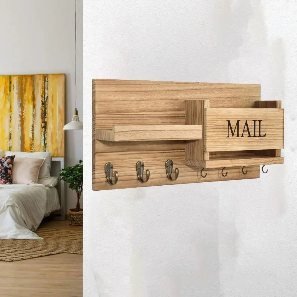 Practical Wall Mounted Wood Key Hanger Rustic Decorative Key and Mail Holder Large with 7 Hooks Key Storage Rack Entryway Decor