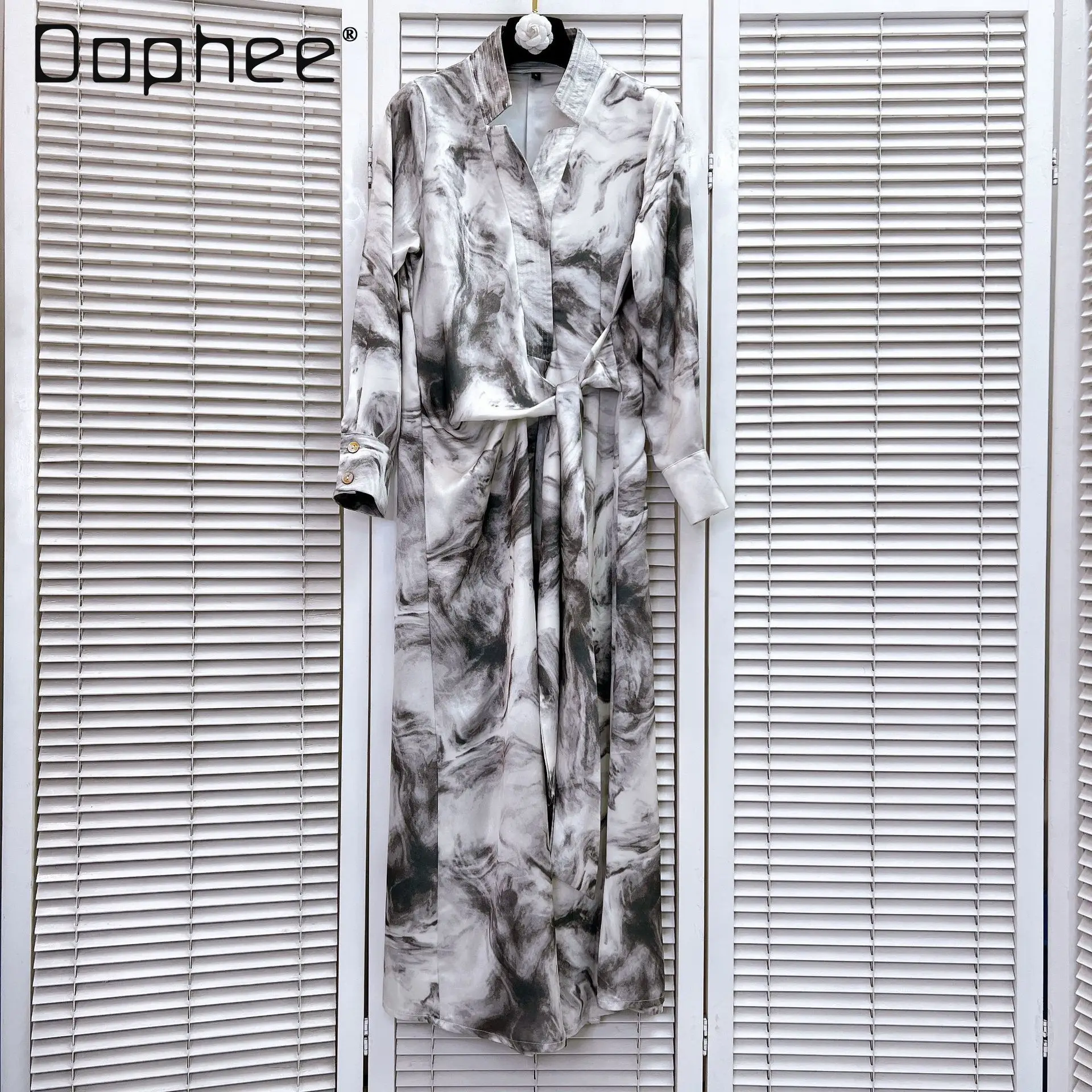 Elegante Prominente Vintage Print Kleid Frauen Herbst Koreanische Mode Langarm Dünne Lange Kleid High-end-V-ausschnitt Hemd Kleider