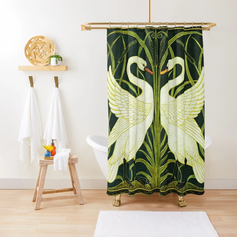 

TWO WHITE SWANS AMONG REEDS IN GREEN Art Nouveau Animals Shower Curtain Shower Waterproof Cute Shower In The Bathroom Curtain