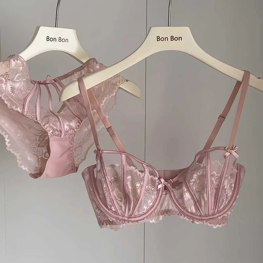 Hermoso conjunto de lencería floral bordado, con sujetador y ropa interior cómodos forrados, sujetador y bragas con cable, para prendas de vestir exteriores, diario