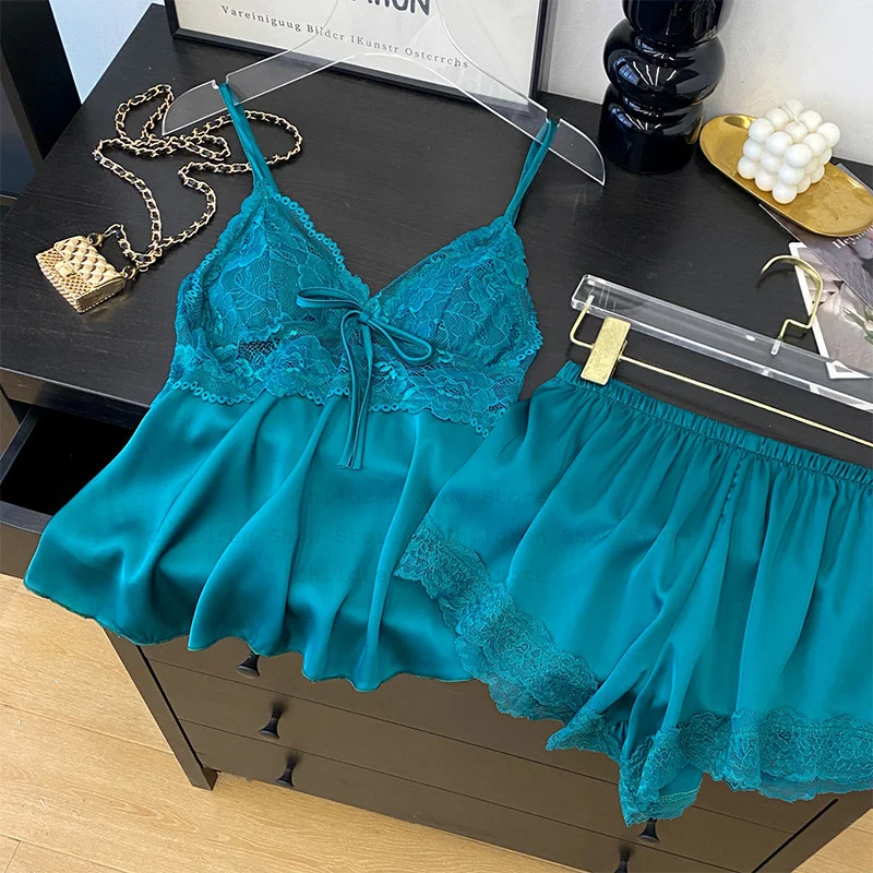 

Сексуальные пижамы De Mujer, 2 шт., одежда для сна, атласная домашняя одежда, кружевная ночная рубашка с цветочным бантом, короткие пижамные комплекты, нижнее белье, элегантные пижамы Femme