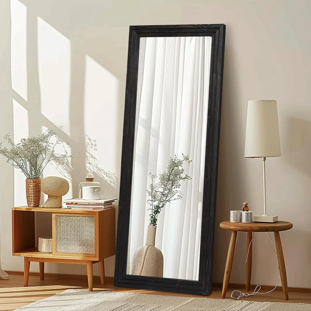 Miroir sur toute la longueur 65x24 pouces, cadre en bois massif, grand plancher pour salon, chambre à coucher sur pied ou mural en cuir, noir