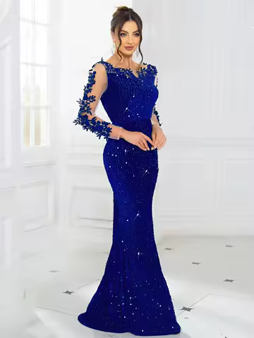 Elegant Lace Sequined Velvet Long Evening Dress Backless Hollow Out Full Sleeved Prom Wedding Party Gown