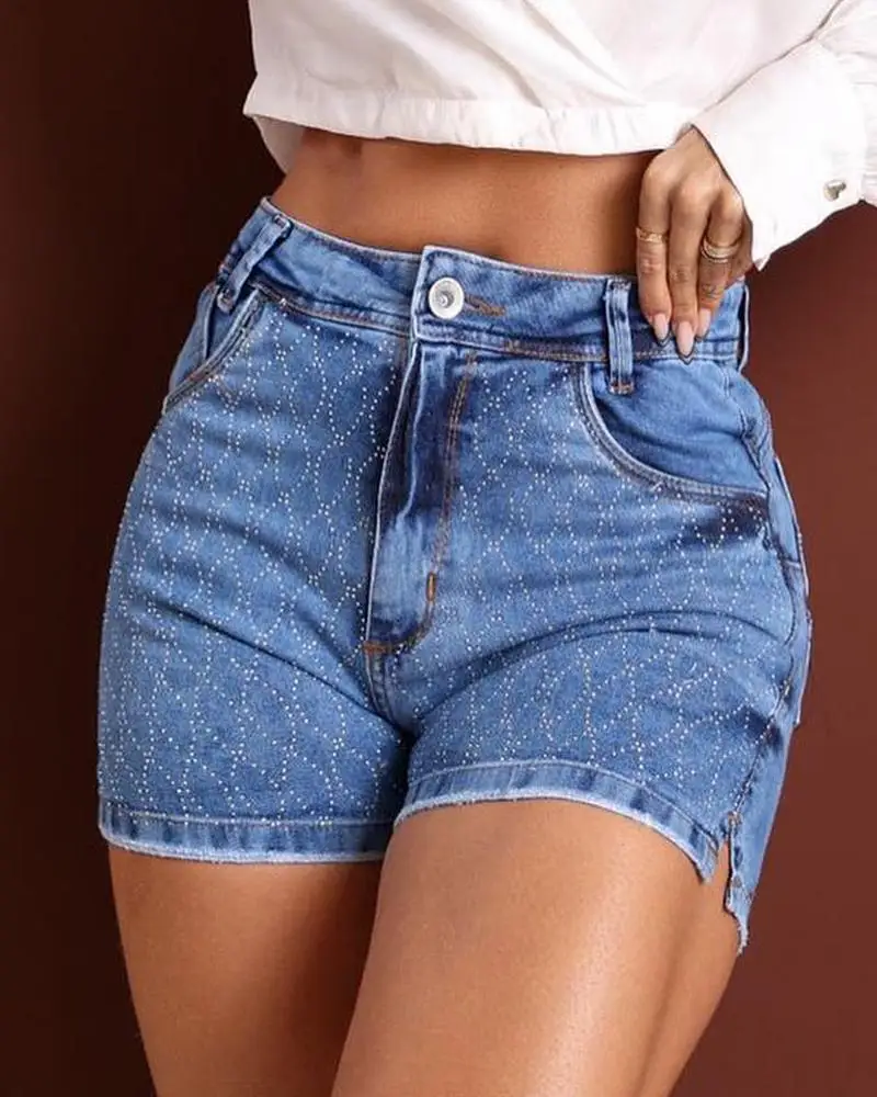 Rhinestone Decor Zip Fly denim shorts hoge taille rechte broek korte jeans lente zomer nieuw 2023