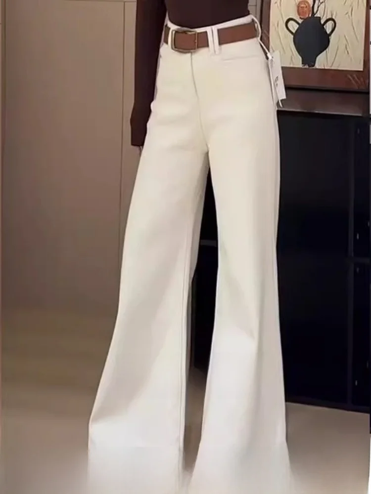 High Waist Wide Leg Casual Bell Bot Pants Women's White Jeans Loose Drapey Comfortable Spring Autumn Season Denim Trousers