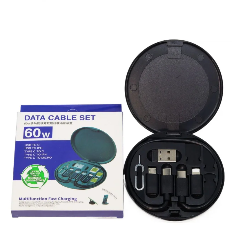 Portable Multi-functional 5 In 1 Data Cable Storage Box Data Cable 60W Fast Charging For iPhone Android USB Type-C