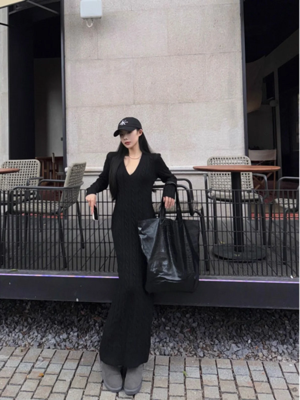 Ay tweed malha v-ne envoltório corpo dr feminino outono inverno longo tornozelo comprimento camada base camisola dr casual hepburn sle