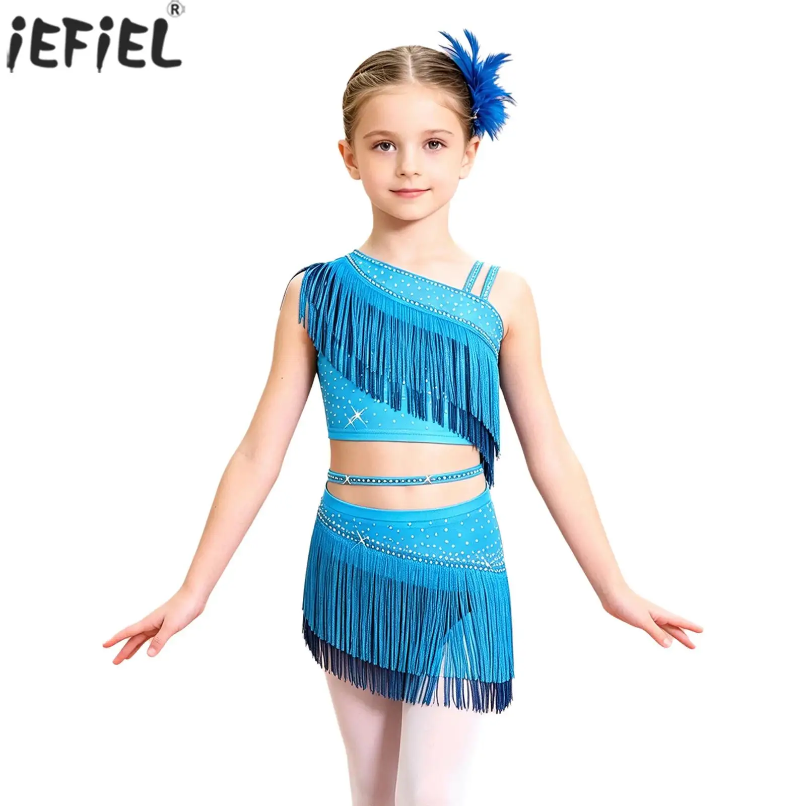 Kids Girls Tassel Latin Dance Outfit Shiny Rhinestone One Shoulder Crop Top with Built-in Briefs Skirt for Ballroom Tango Rumba