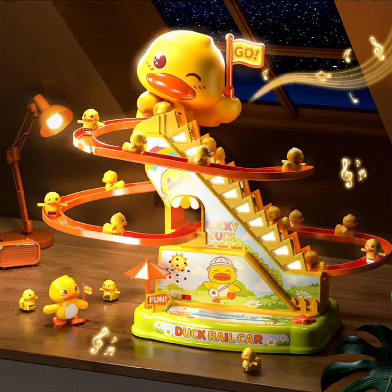 Stair Climbing Ducks Flashing Lights and Music Duck Roller Coaster Toy Interactive Escalator Toy Climbing Stairs Duck Games