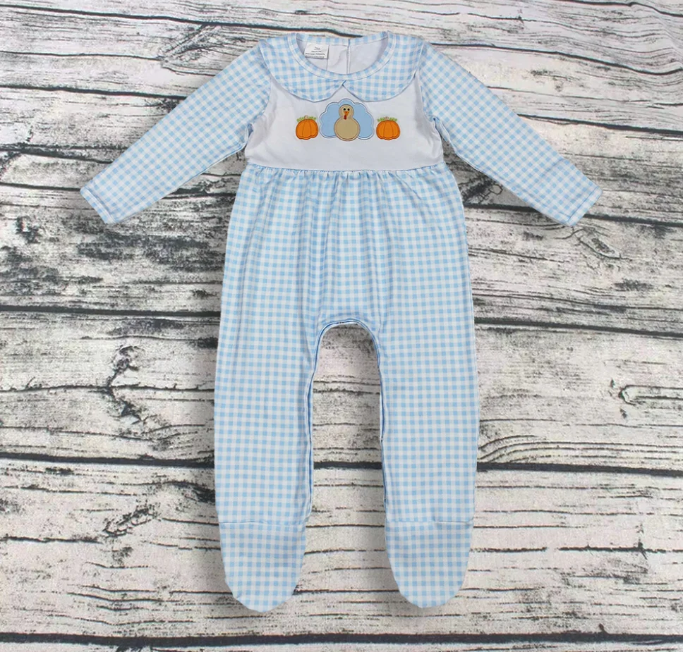 

Оптовая продажа, детский комбинезон для новорожденных, клетчатый комбинезон на пуговицах для мальчиков и девочек, детский комбинезон с вышивкой тыквы на День благодарения