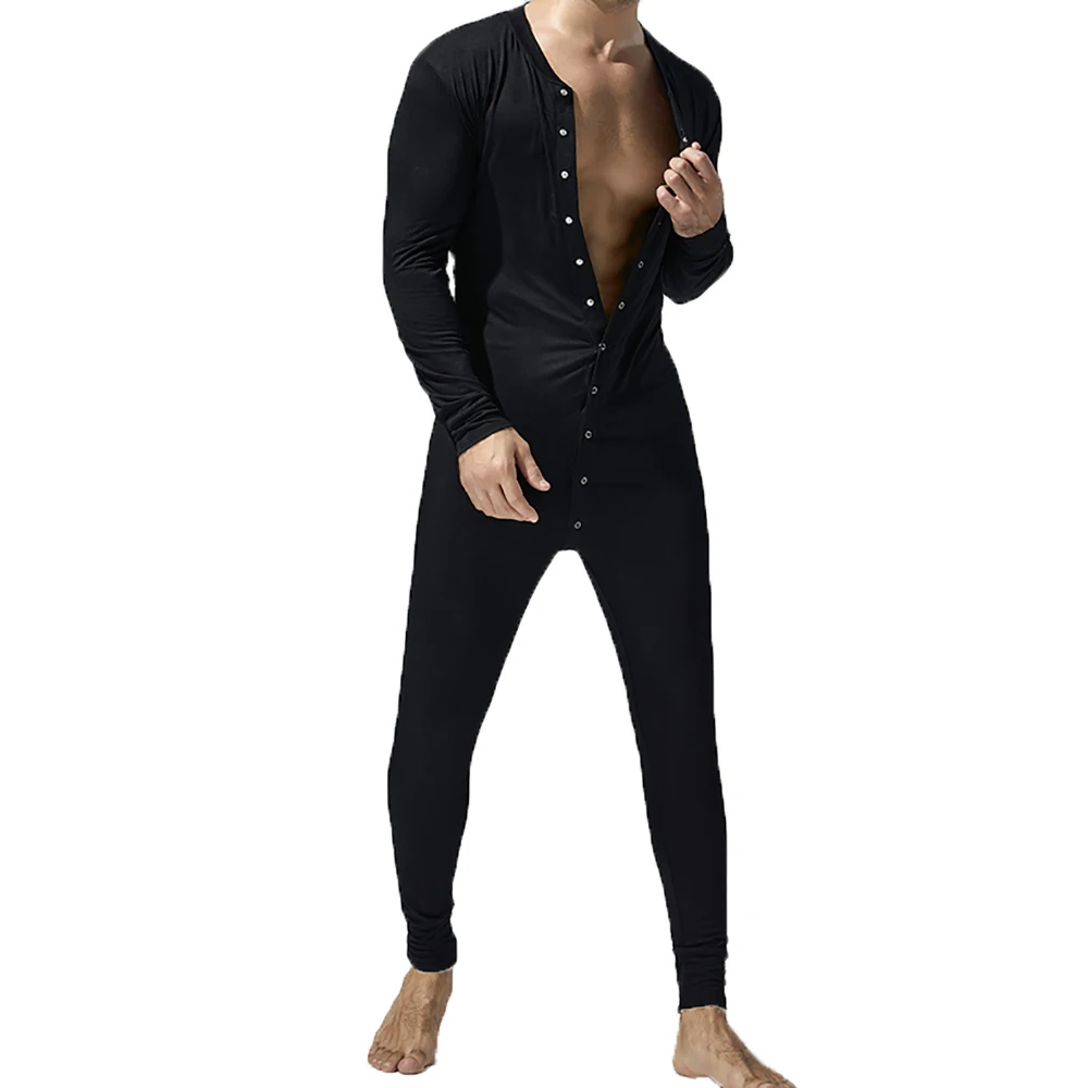 Men Jumpsuits Leggings Undershirts Long Sleeve Button Open Crotch Full Bodysuits Onesies Wrestling Singlets One-piece Leotard