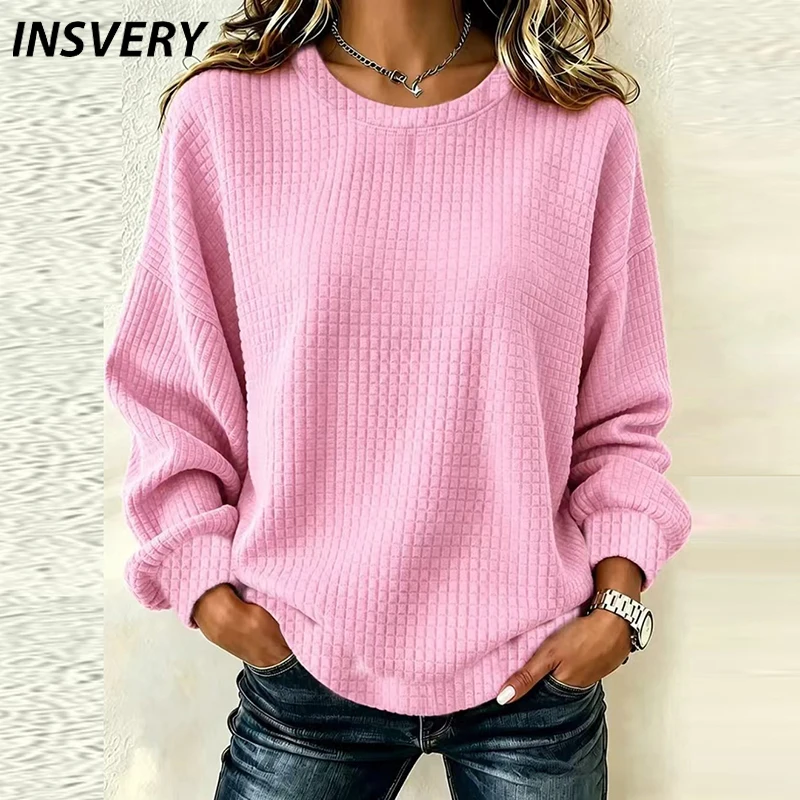 Plus Size Women Spring And Winter Fashion Casual Solid Color Checkered Pullover Sweatshirt Suitable For Commuting Blouse Shirts