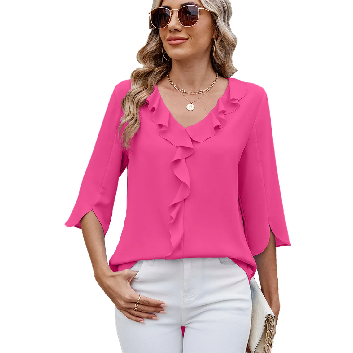 여성용 풀오버 봄 가을 단색 패셔너블 다용도 캐주얼 데일리 루즈 탑 중간 소매 쉬폰 브이넥 플리츠 셔츠