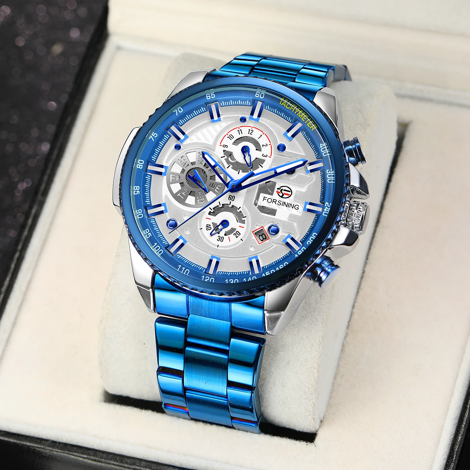 Sport Waterproof Luminous Blue Big Mechanical Watches Luxury Stainless Steel Men Watch Multifunctional Automatic Date Wristwatch