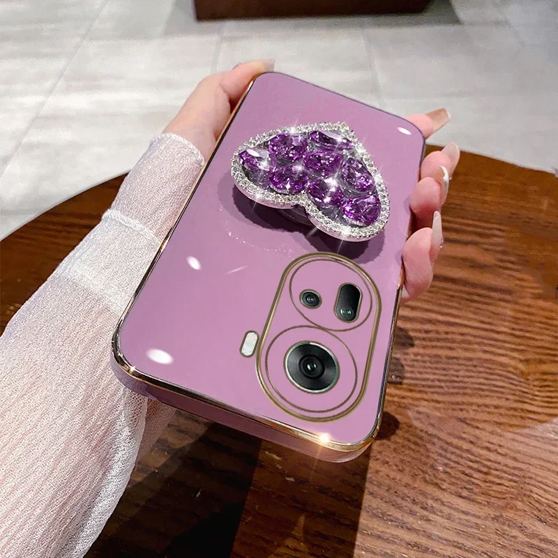 Fashion Diamond Heart Case For OPPO Reno 12 11 11F 10 10ProPlus 9 A17 A16 A58 A53 A36 A78 A93 A95 A57 A55 Plating Bracket Cover