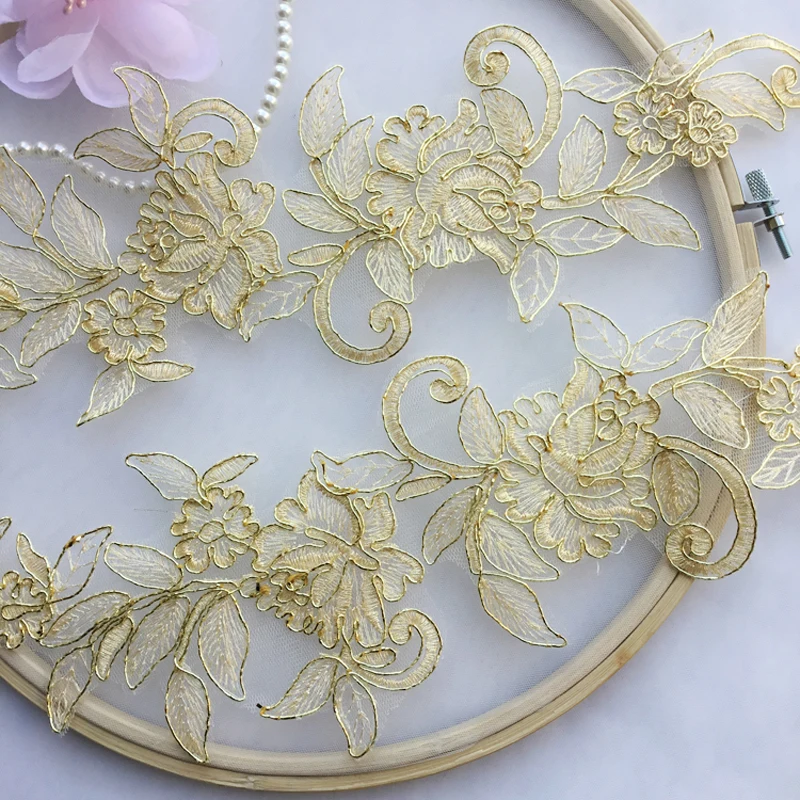 1 Pair Gold Flower Embroidered Lace Edge Floral Applique Patches Fabric Sewing Craft Vintage Wedding Dress 37.5*11.5cm