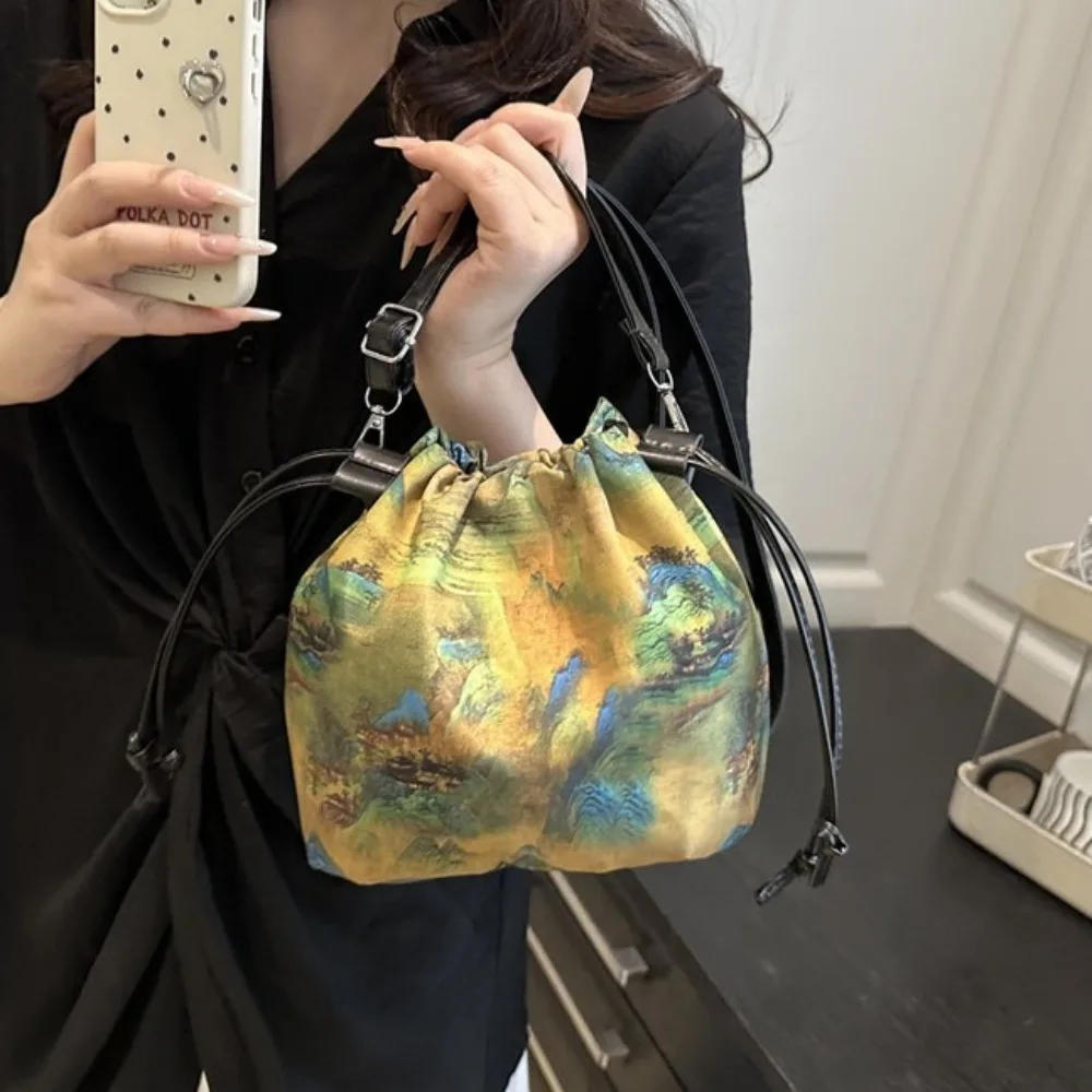 

Retro Drawstring Cloth Handbag Women Flower Storage Bag Hanfu Purse Chinese Style Casual Single Shoulder Crossbody Bag