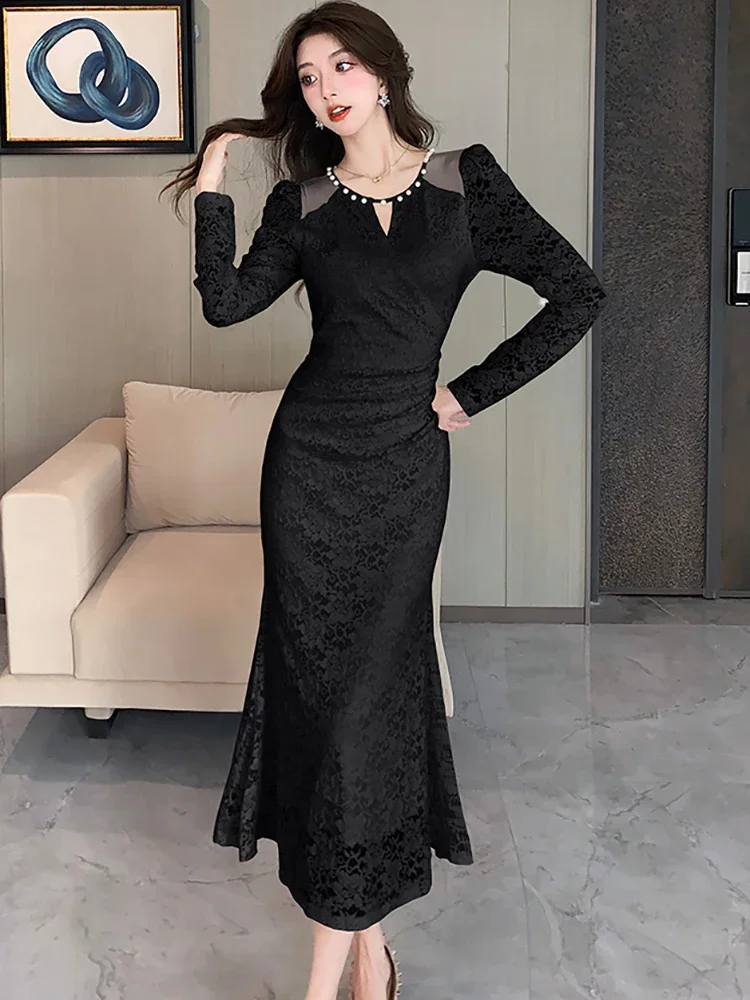 Black Lace Hook Fower Hollow Chic Diamonds Luxury Dress for Women 2024 Korean Vintage Hepburn Dress Autumn Elegant Festival Robe