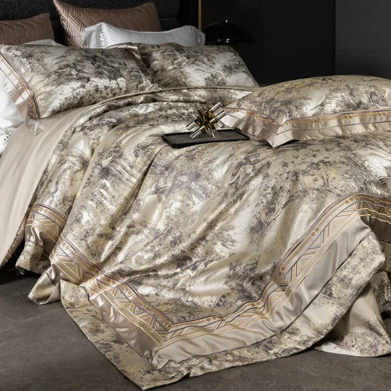 Luxury Long Staple Cotton Bed Sheet Set, European Style Brocade Embroidery Pattern, Soft Breathable Bed Cover Duvet Cover Set