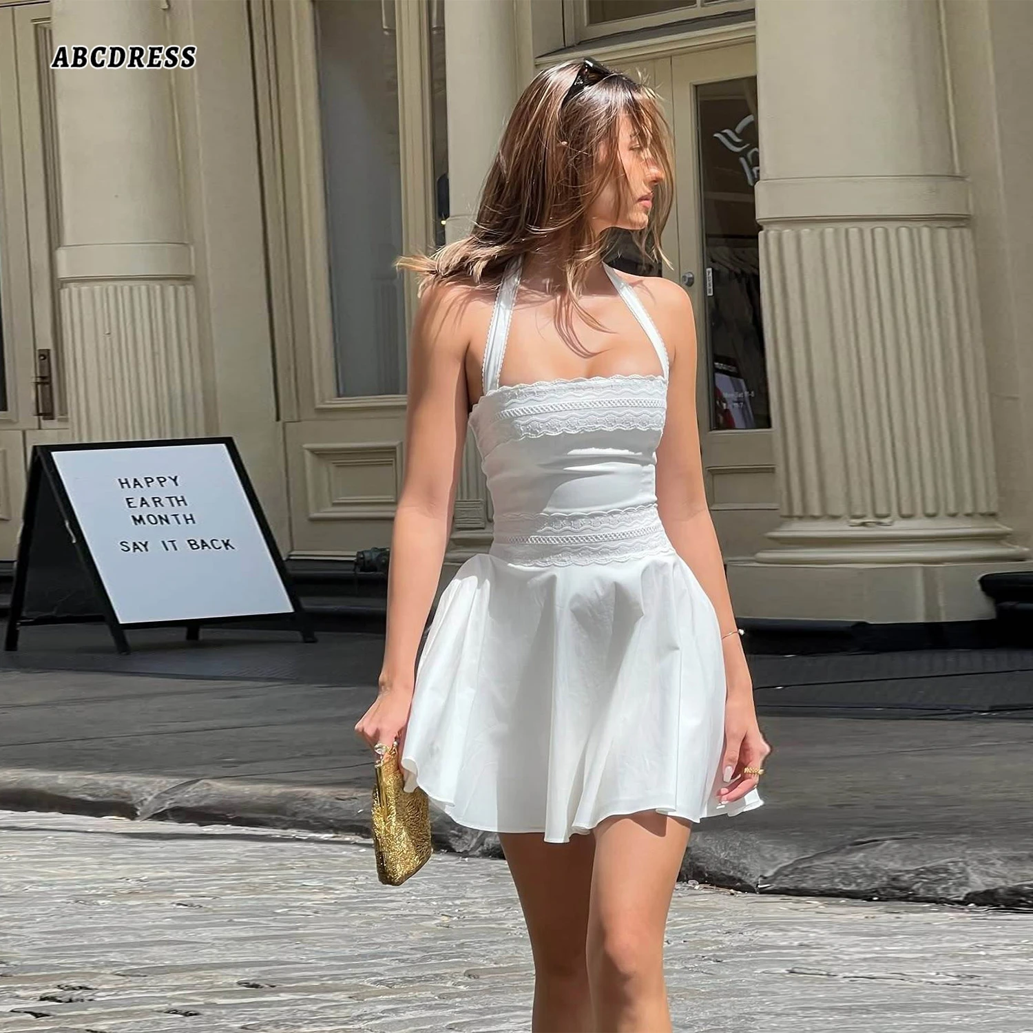 Customized White Halter Mini Homecoming Dress Lace Back Tie Up A Line Summer Layer Lace Waist Flowy Swing Skirt Cocktail Gown
