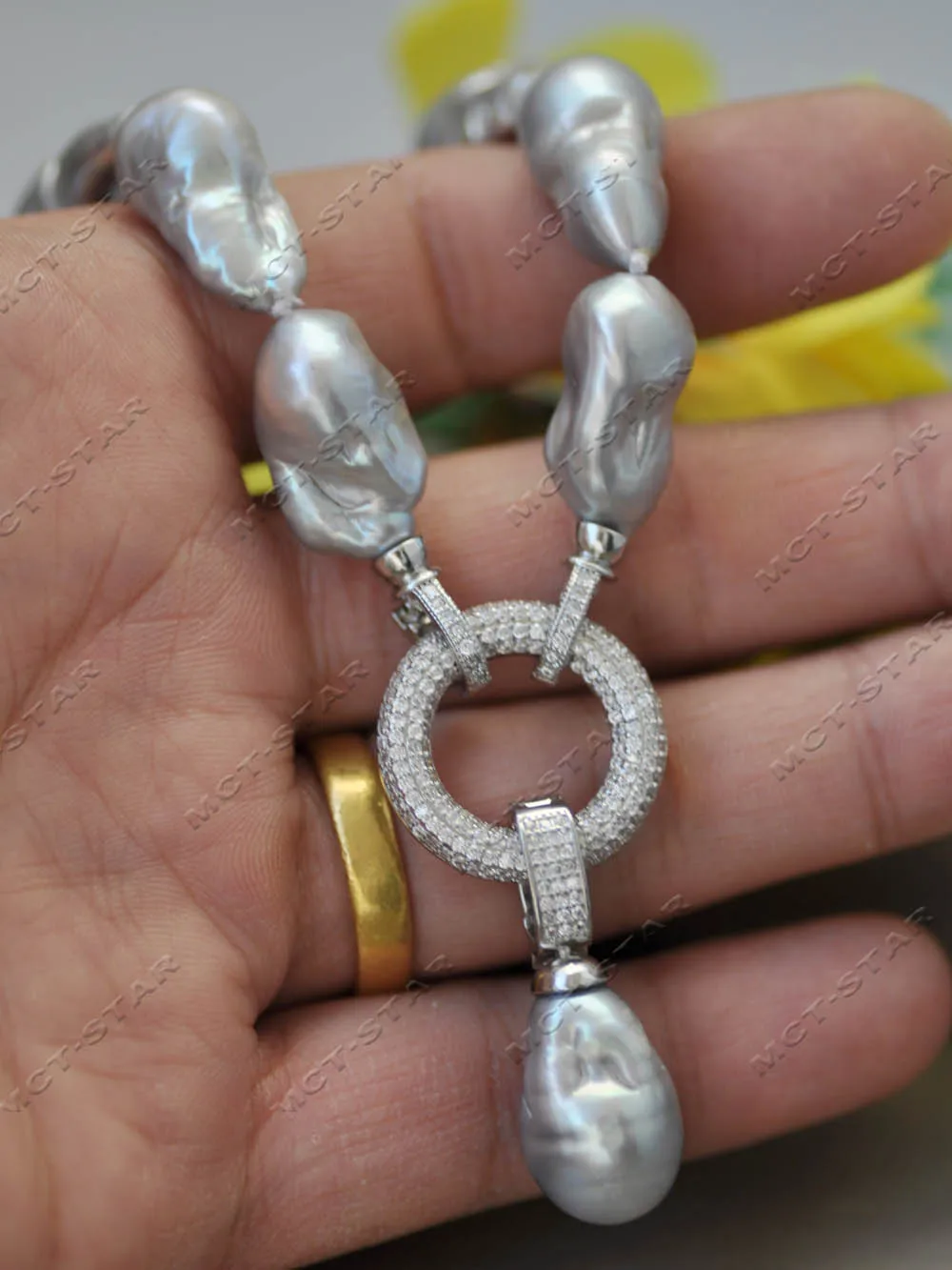 Z13209  17 Inch 26mm Gray Baroque Keshi Reborn Pearl Pendant Necklace with CZ Custom Jewelry