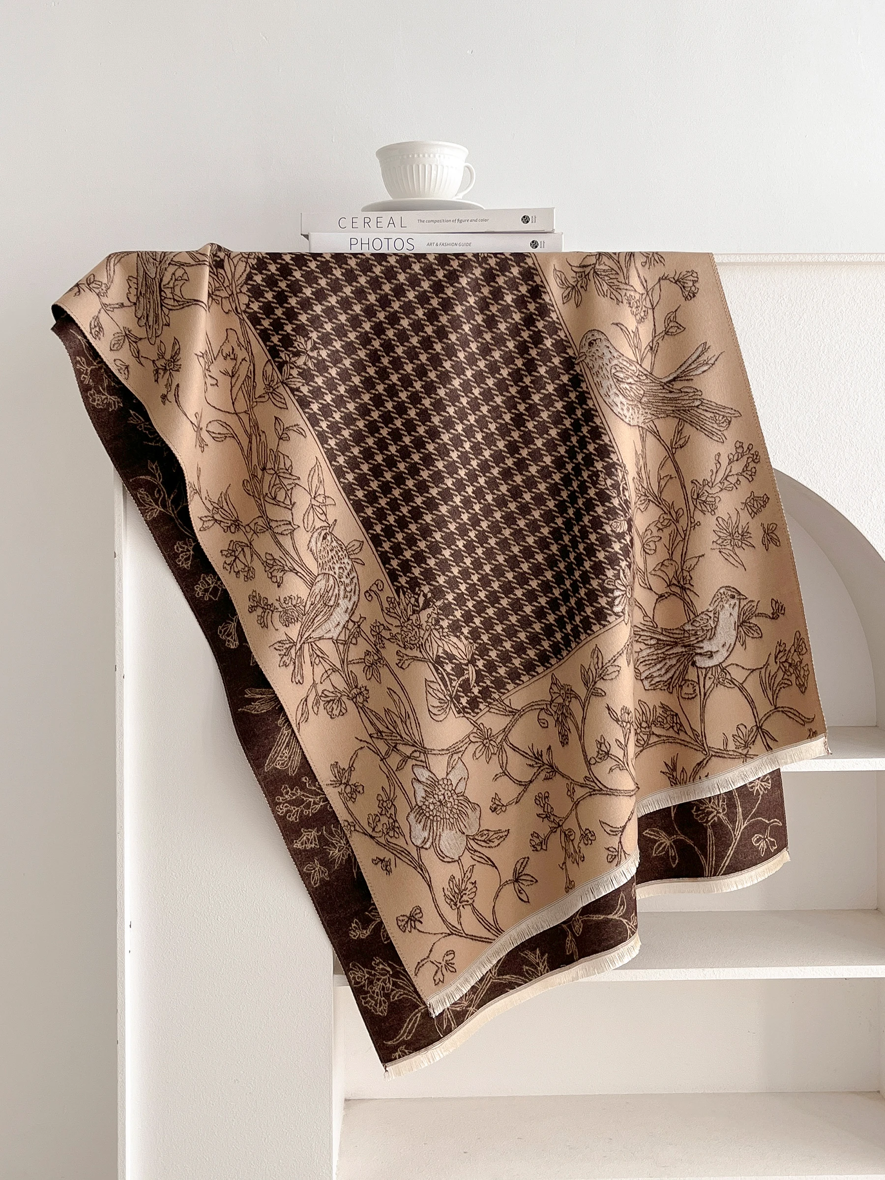 Floral Bird Houndstooth Jacquard Shawl for Women, Soft Faux Cashmere Large Scarf with Fringe, Autumn Winter Warm Wrap Stole