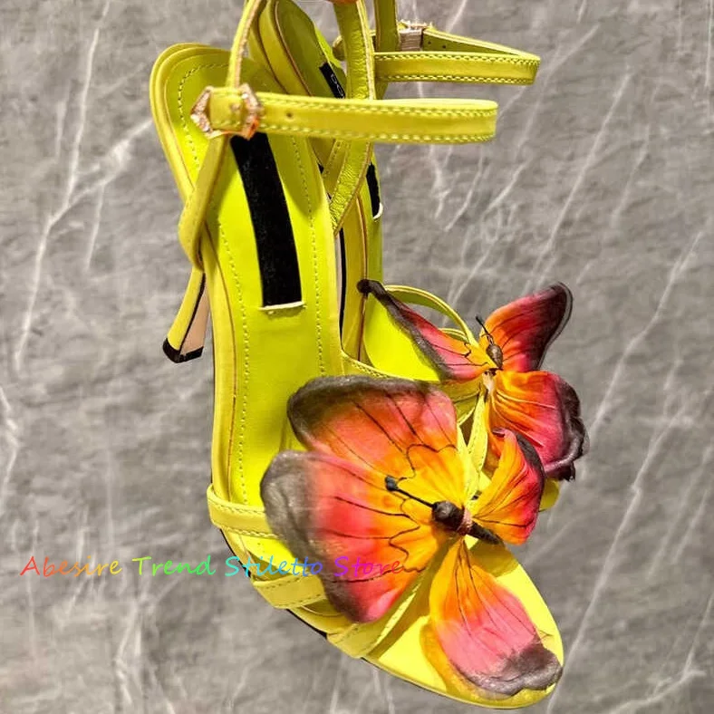 New Fashion Flower Butterfly Decorative High Heel Women Sandals Fairy Style Genuine Leather Open Toe High Heel One Line Sandals