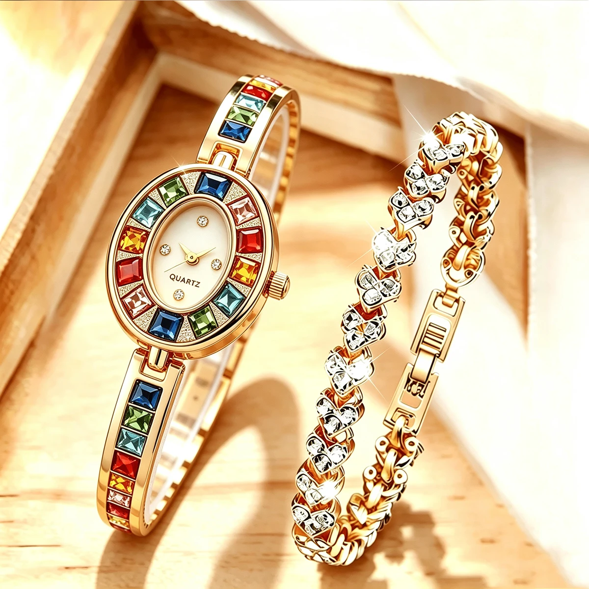 2PCS Elegant Colorful Diamond Women's Watch Bracelet Set Gold Bracelet Strap Rainbow Crystal Quartz Watch Set