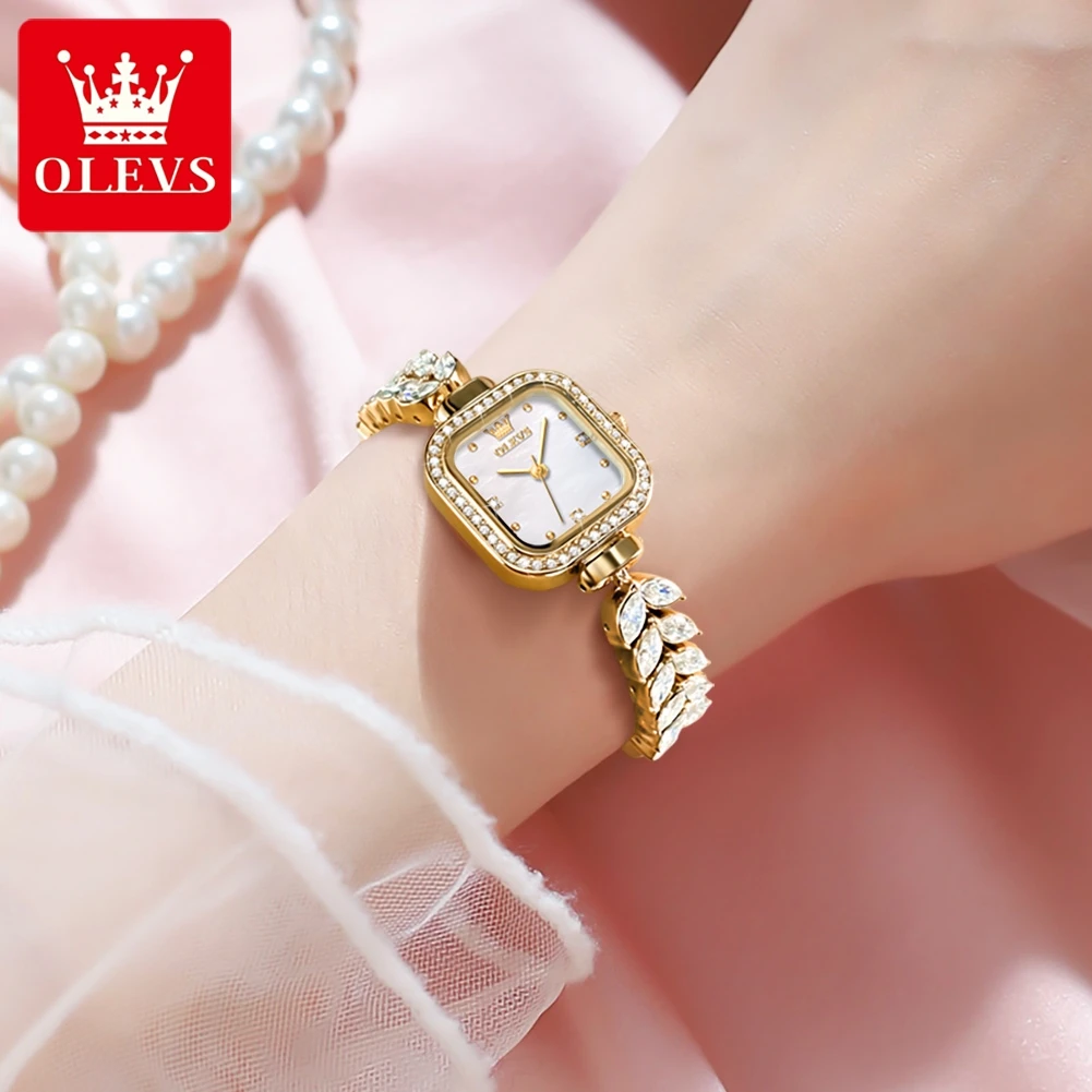 OLEVS Square Quartz Watch for Women Elegant Mermaid Stainless Steel Watchband Full Diamond Small Dial Luxury Ladies Wristwatches