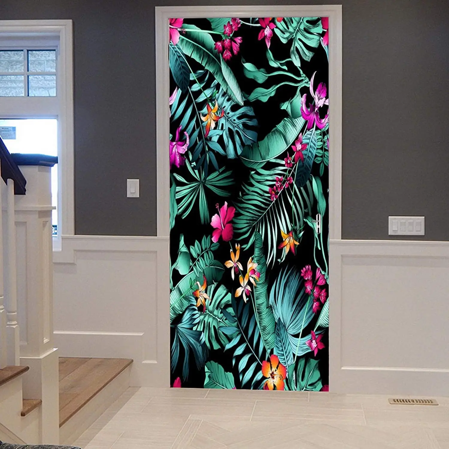 Tropical Flowers Door Sticker Palm Leaf Flower Door Decals Self Adhesive Wallpaper Watercolor Floral Poster Mural Bedroom Decor