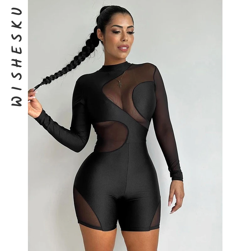 See Through Sexy Bodysuit Mesh Long Sleeve Tight Short Jumpsuit Women 2024 Transparent Bodycon Playsuit Body Black Rave Outfit