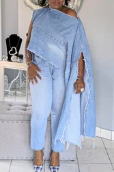 Plus Size Daily Blue Oblique Collar Batwing Sleeve Long Sleeve Split Irregular Hem Denim Jacket