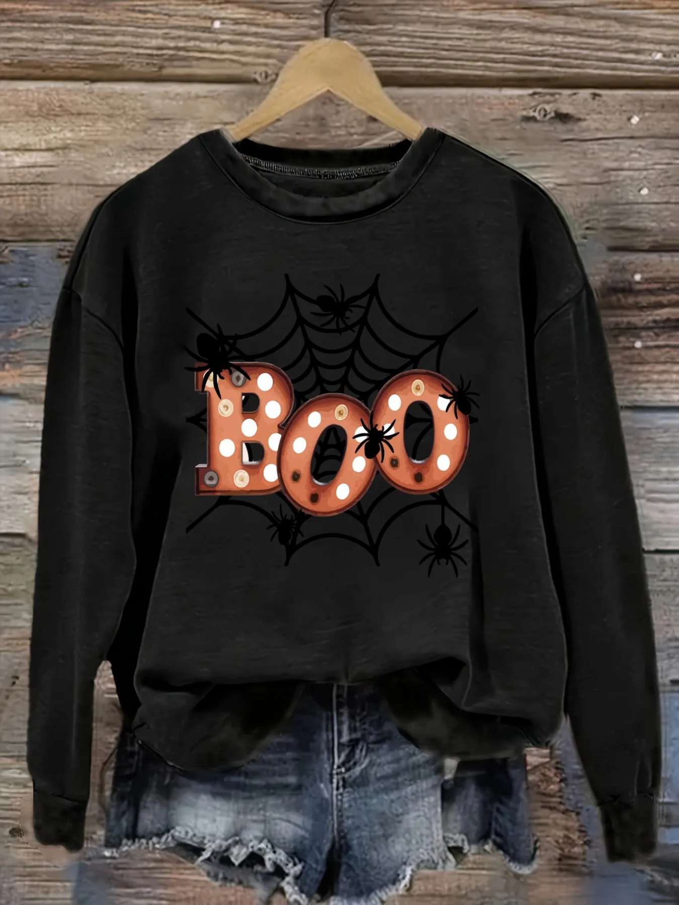 Women's Casual Long Sleeve Crew Neck T-Shirt Boo Spider Web Halloween Print Design, Round Neck Women's Clothing, Machine Washable, Slightly Elastic, Loose Fit, Spring Autumn Winter Women's T-Shirt, Halloween Costume Outfit