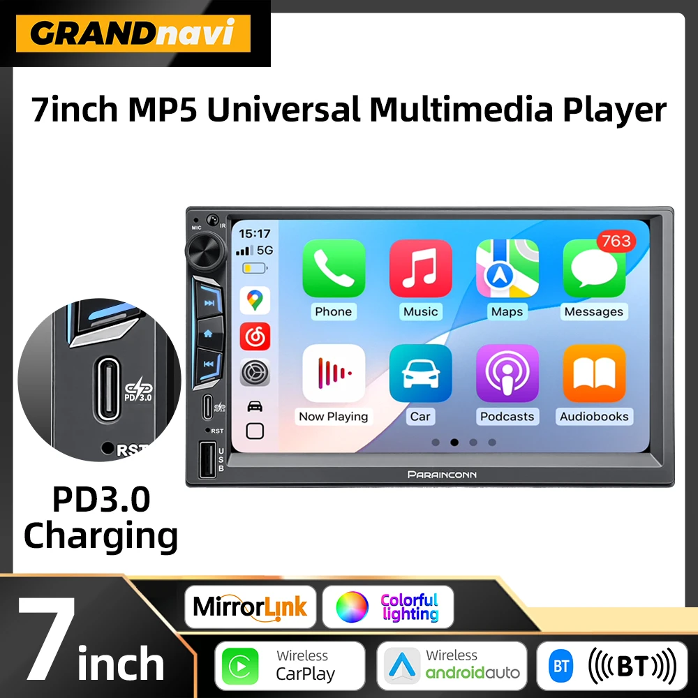 

2DIN 7-дюймовый автомобильный мультимедийный MP5-плеер с беспроводным CarPlay и Android Auto, сенсорный экран, Bluetooth, FM-стерео, USB, быстрая зарядка PD3.0