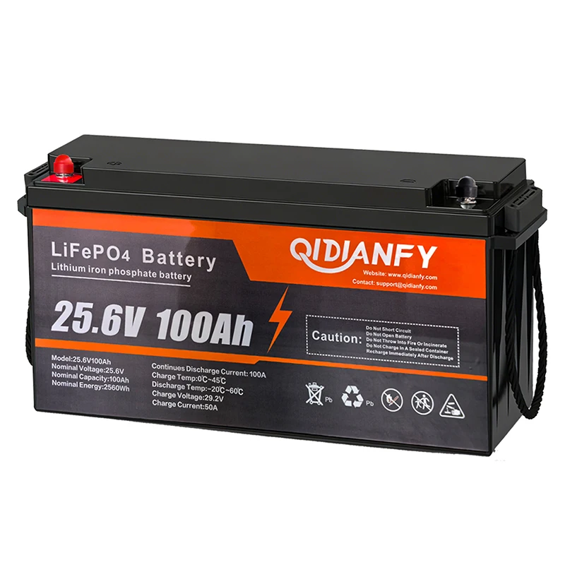 Qidianfy 25.6V 100Ah LiFePO4 Lithium Battery and Charger Built-in 100A BMS 2560Wh Power Output 15000+ Deep Cycle for RV Marine Solar Off-grid Systems