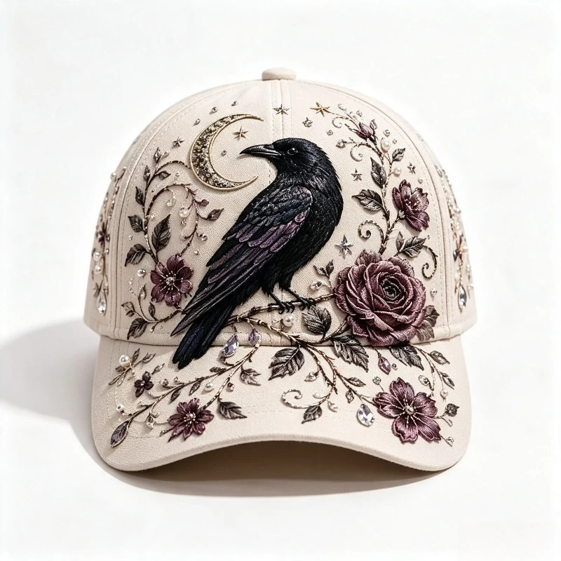 Custom Beige Vintage Baseball Cap, Gothic Crow Crescent Moon Purple Rose Floral Printed Dad Hat, Mystical Star Vine Pattern Casu