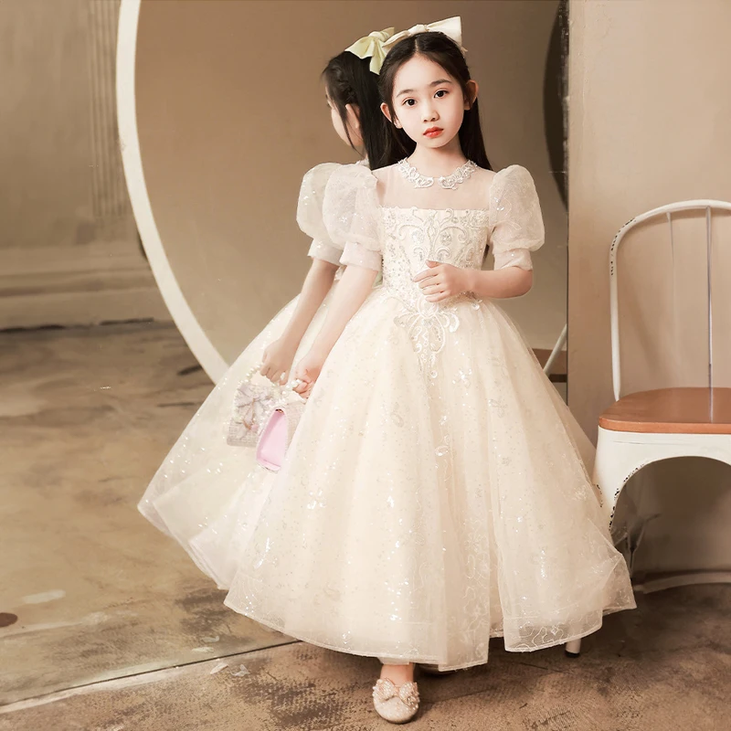 Champagne Beauty Pageant Dresses for Little Girl Kids Weddings Birthday Party Luxury Evening Gowns Children Cute Christmas Dress